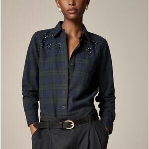 J.Crew Embellished Shrunken Button-Up Shirt WMNS Size 2 Blue Green Tartan Oxford